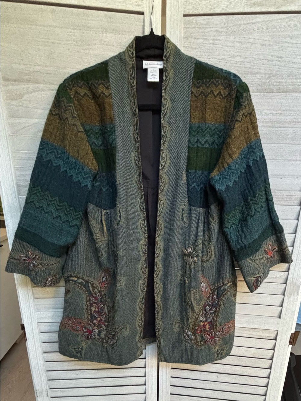 Soft Surroundings Izmir Wool Embroidered Open Front Jacket, Med